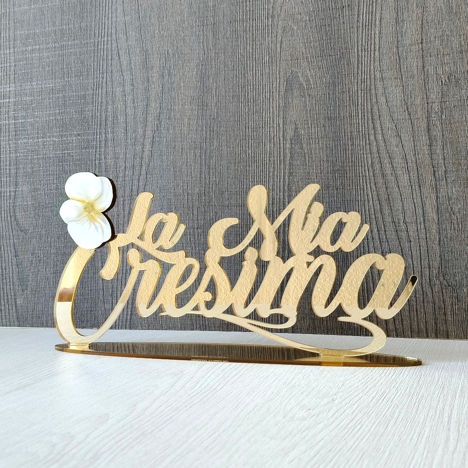 Scritta in plexiglass specchiato "La Mia Cresima" con decoro floreale BELLINVETRO VR-UV 839