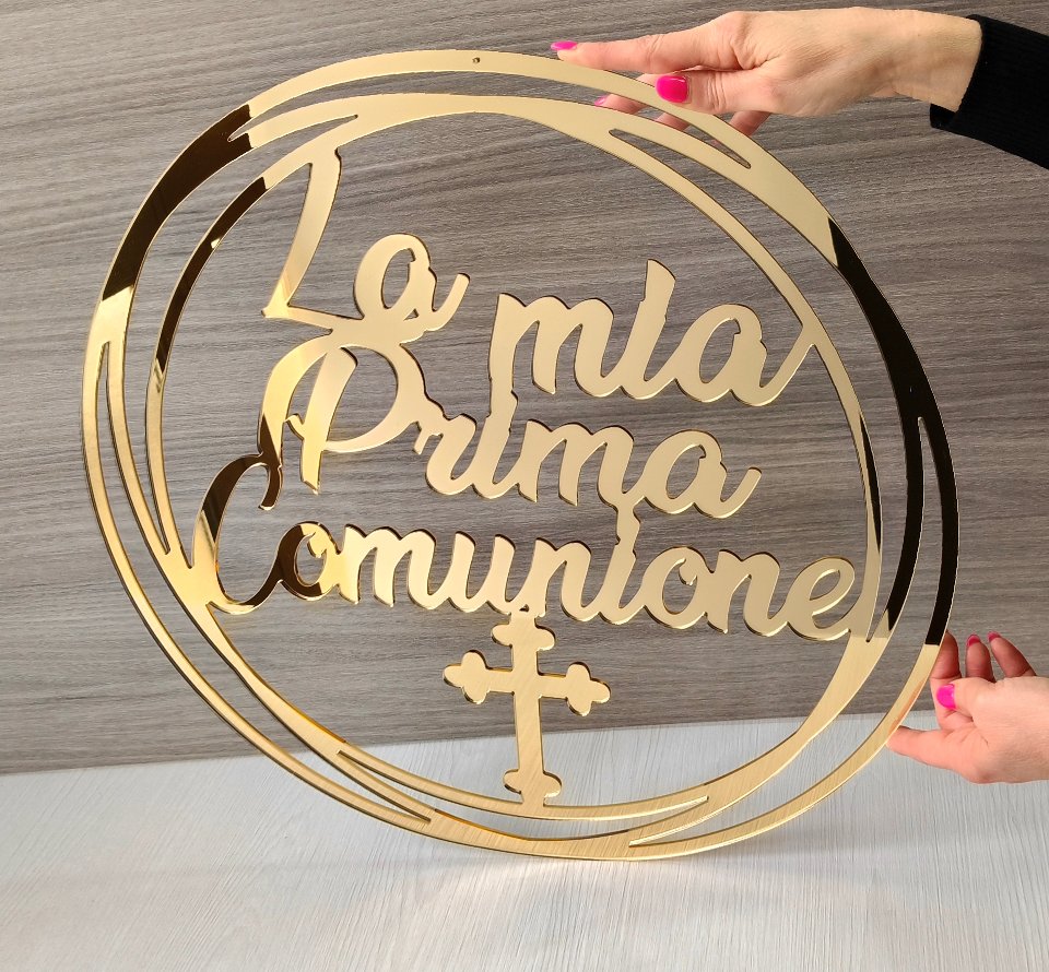 Cerchio in plexiglass specchiato "La Mia Prima Comunione" con simbolo croce BELLINVETRO VR 1365