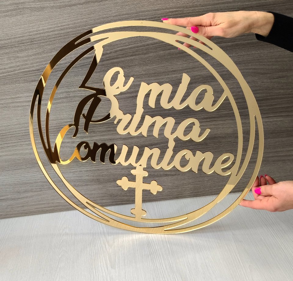Cerchio in plexiglass specchiato "La Mia Prima Comunione" con simbolo croce BELLINVETRO VR 1365