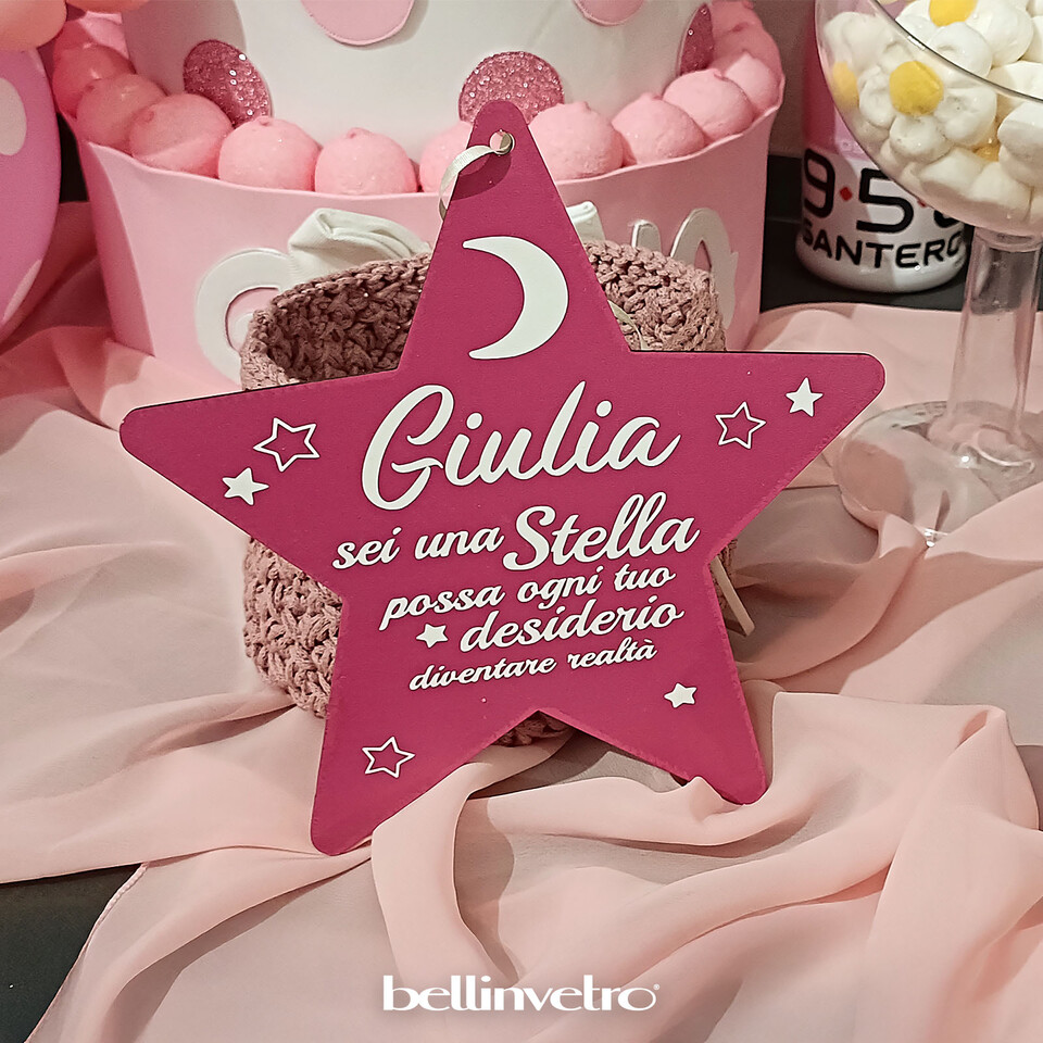Fiocco nascita stella con nome e dedica BELLINVETRO VR-UV 1239