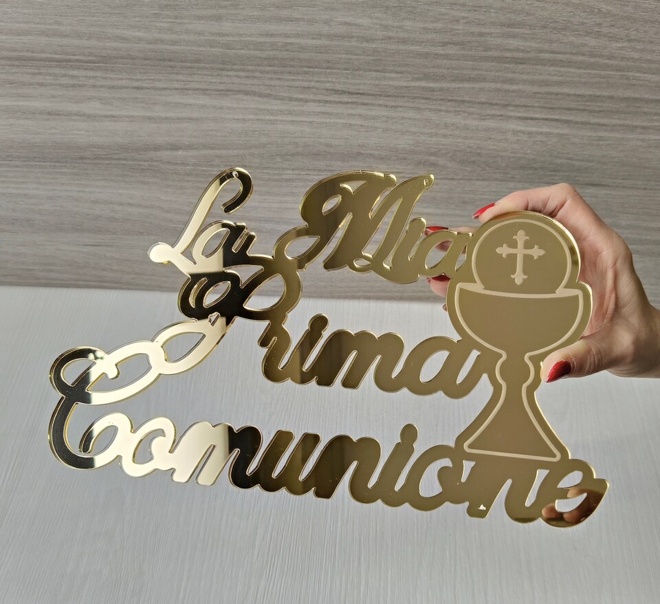 Scritta in plexiglass specchiato "La Mia Prima Comunione" con calice e ostia BELLINVETRO VR 1090