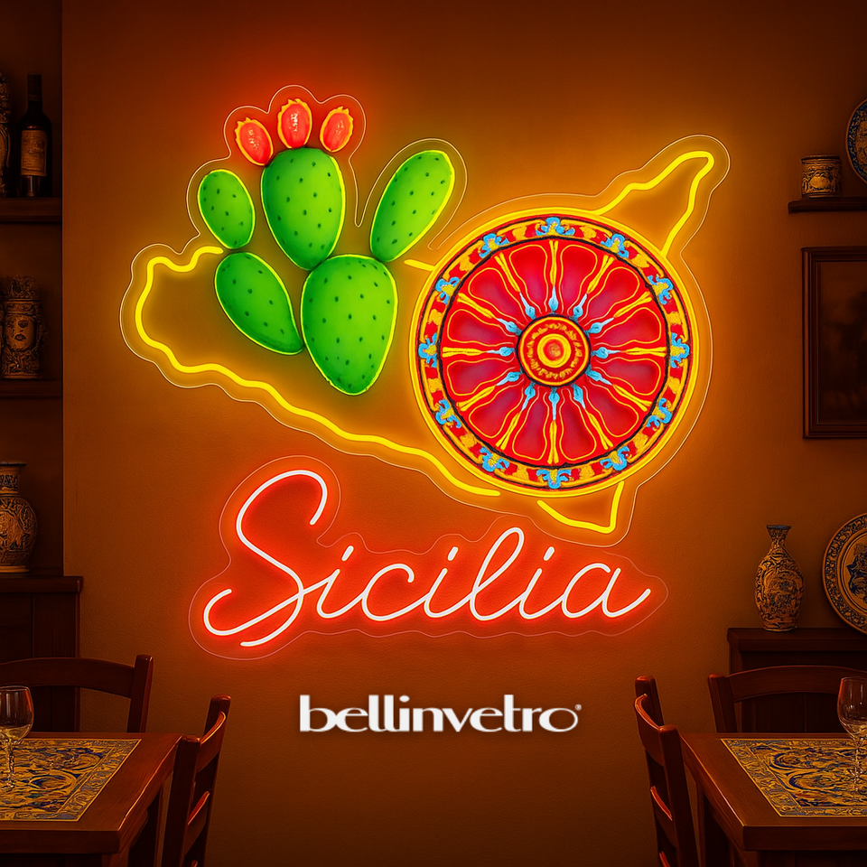Insegna a neon - ristorante | locali | Sicilia con ruota di carrello e fico d'India BELLINVETRO
