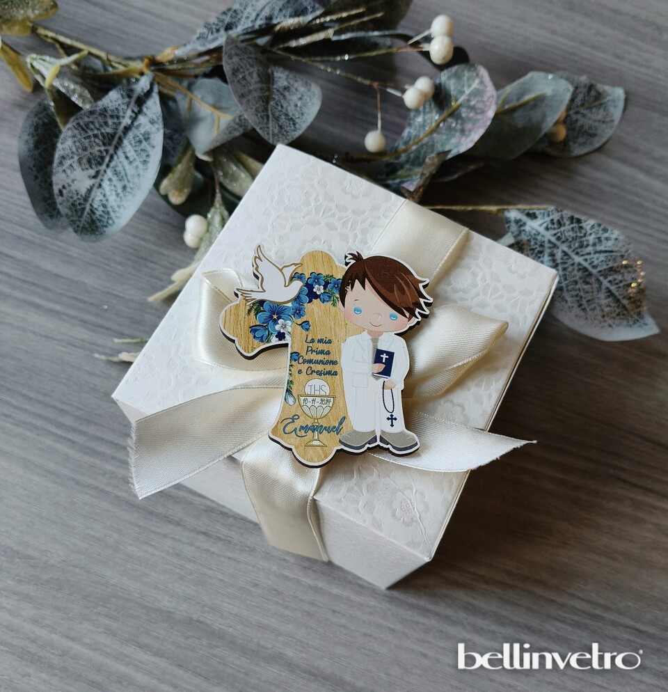 Bomboniera in legno comunione bimbo/bimba con croce BELLINVETRO VR-UV 440