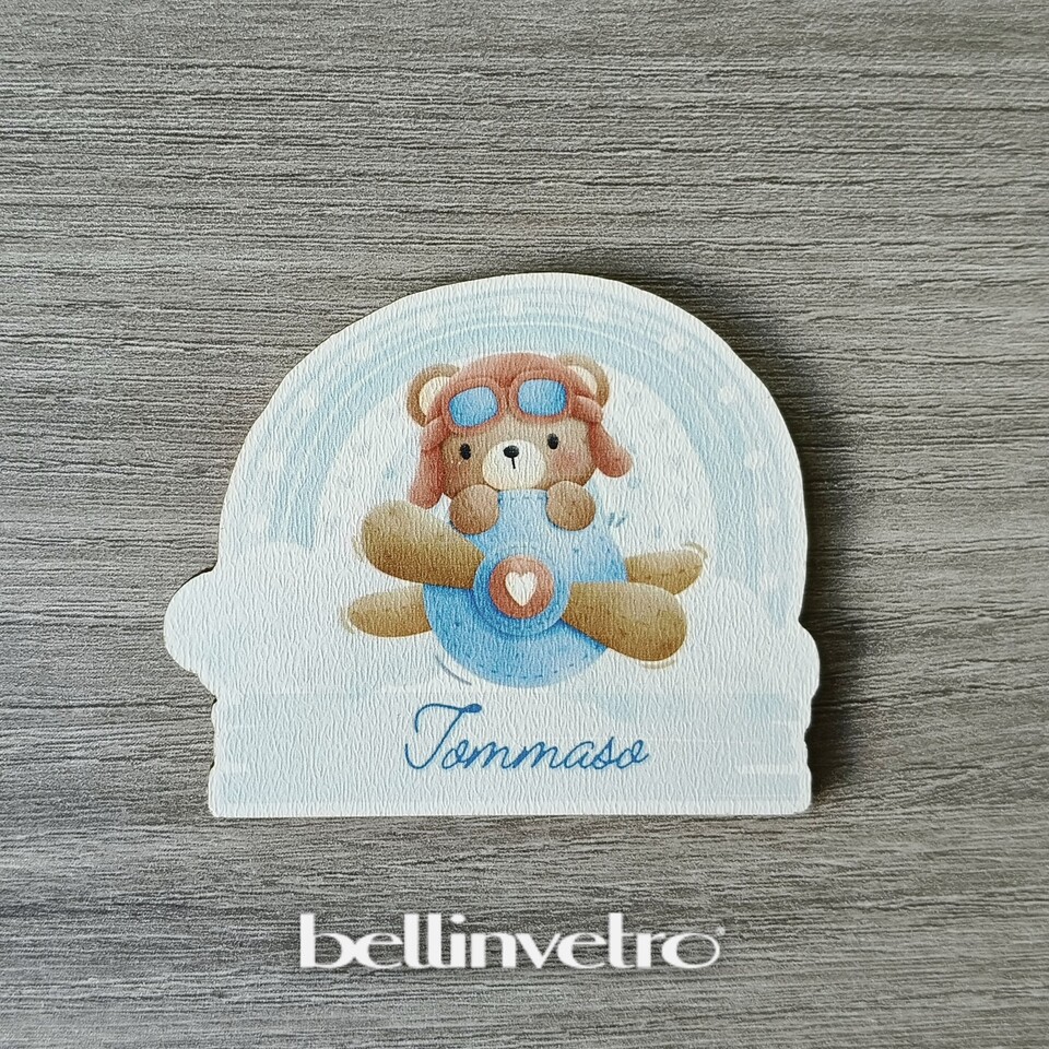 Calamita/portachiave/oggetto per bomboniera con Orsetto e aeroplano in legno BELLINVETRO VR-UV 1408