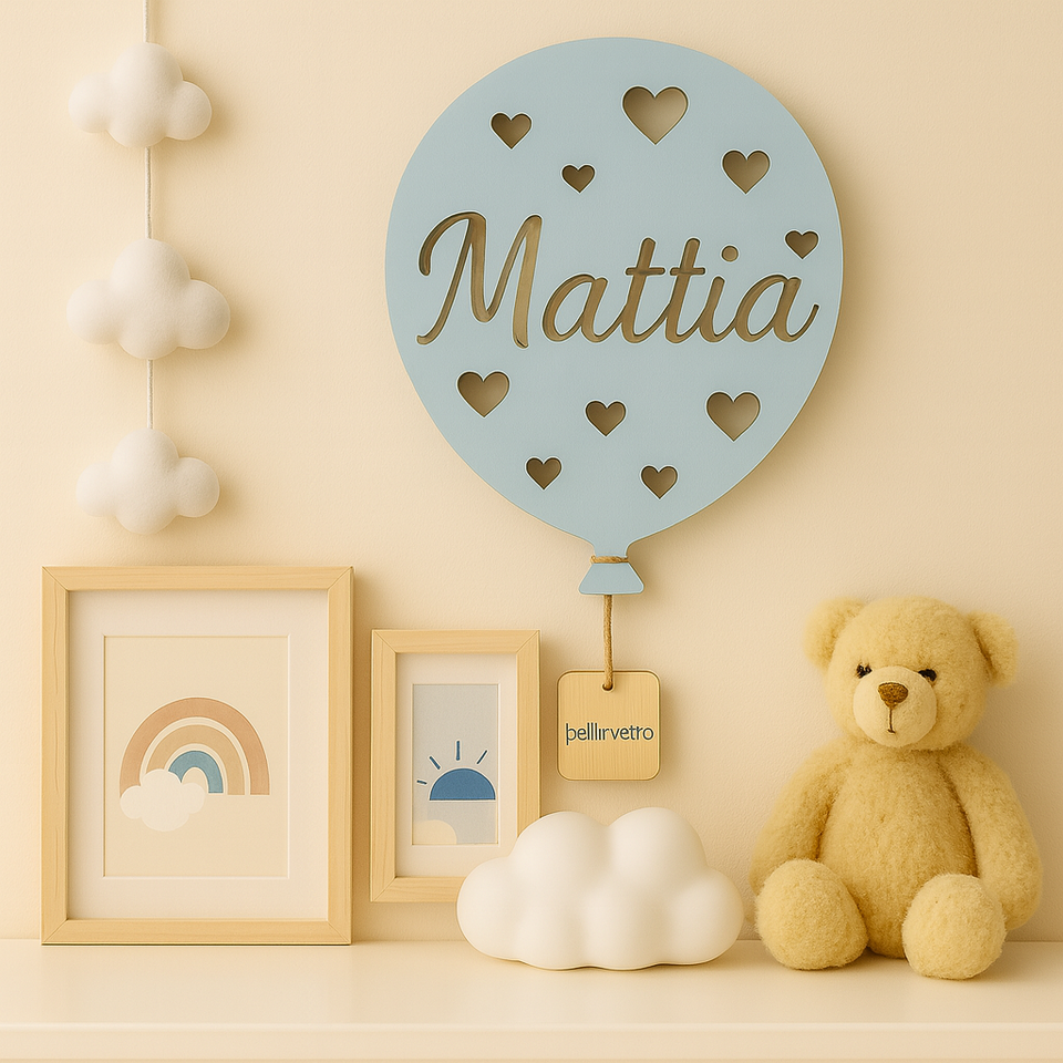 Lampada LED Palloncino a parete  in legno colorato con nome personalizzato BELLINVETRO VR 1216