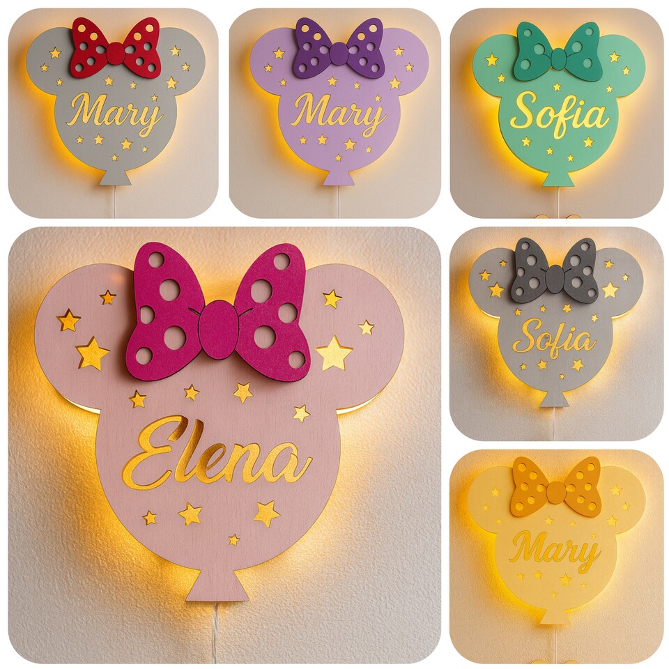 Lampada Minnie a parete in legno con nome personalizzato BELLINVETRO VR 1427