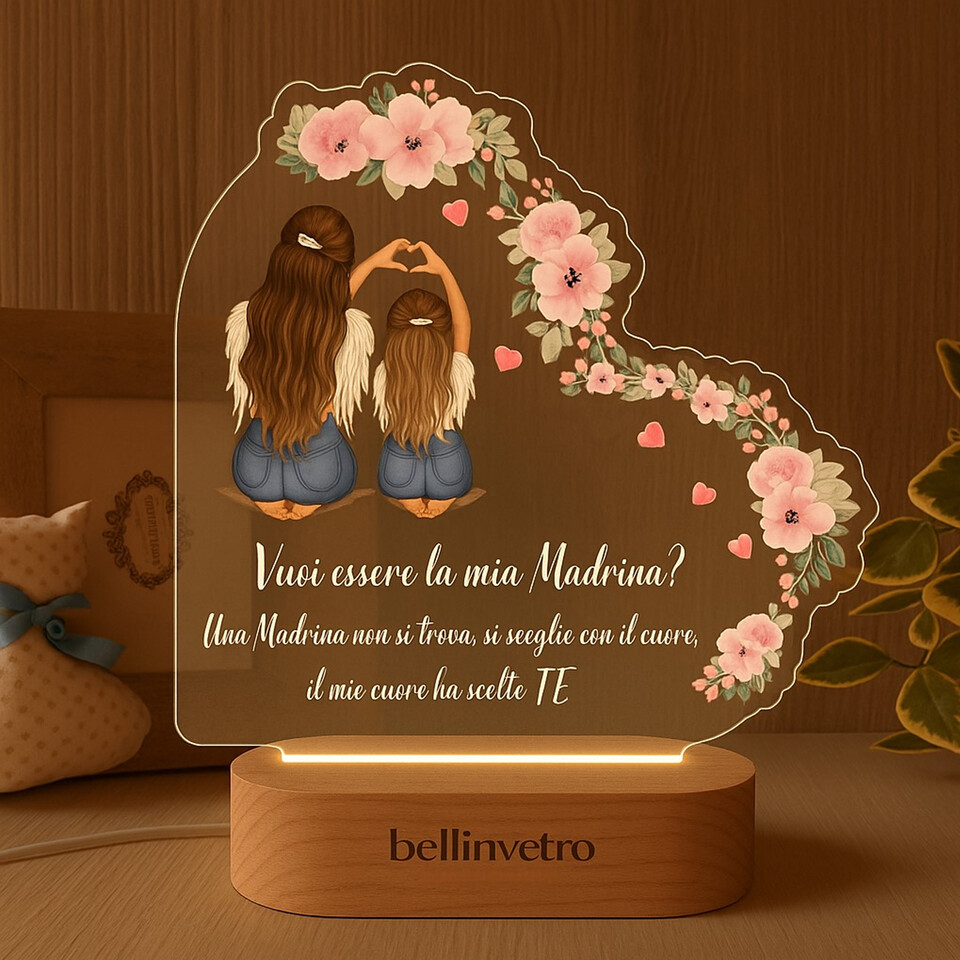 Lampada LED in plexiglass | NIGHT LIGHT | Vuoi essere la mia madrina? con base in legno BELLINVETRO VR-UV 1435