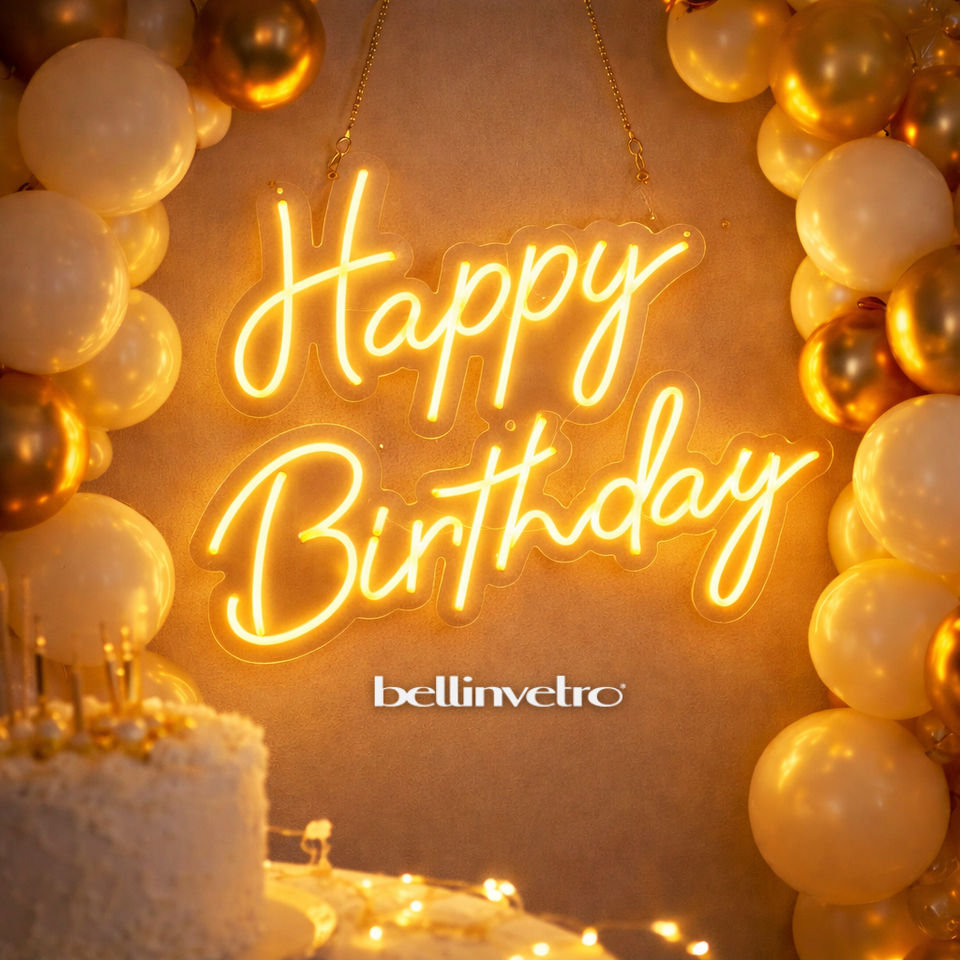 Scritta neon LED INCASSATO - happy birthday monocolore da parete BELLINVETRO VR 1474