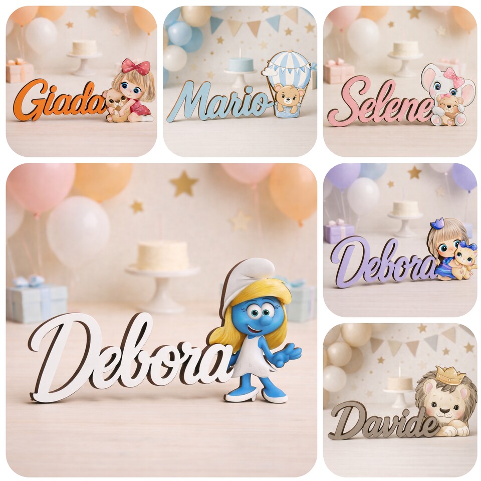 Nomi personalizzati in legno laccato con personaggio su una riga BELLINVETRO VR-UV 1451