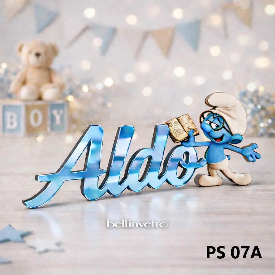 Nomi personalizzati in PLEXIGLASS SPECCHIATO con personaggio su una riga BELLINVETRO VR-UV 1451