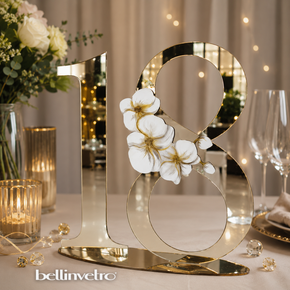 Numero personalizzabile in plexiglass specchiato con decoro floreale BELLINVETRO VR 422