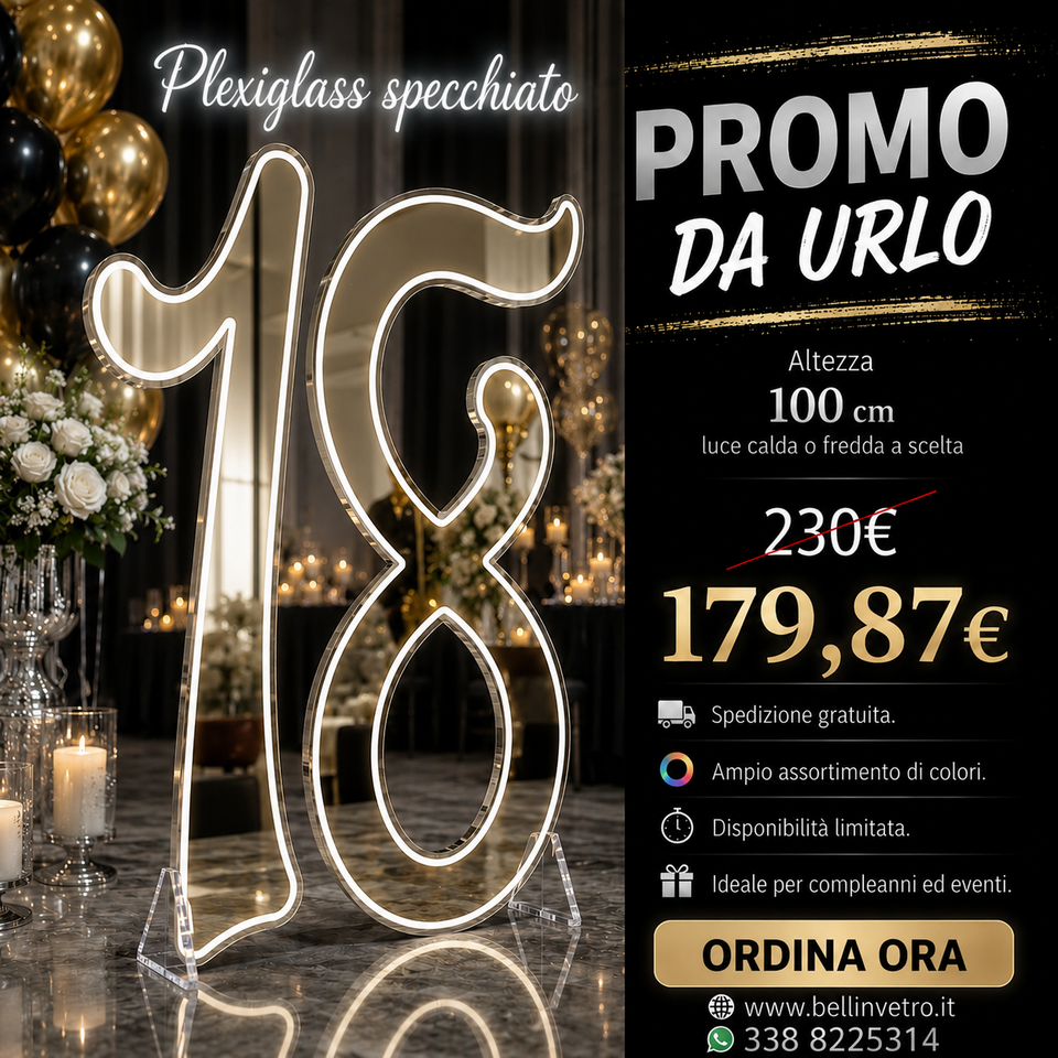 PROMO Numero 18 con plexiglass specchiato neon led monocolore da parete | d'appoggio BELLINVETRO VR 831