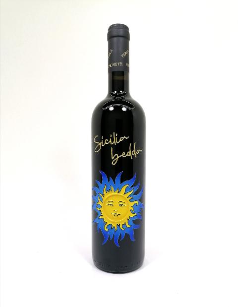 bottiglie siciliane incise e dipinte a mano Sole blu souvenir BELLINVETRO VINO PAOLINI SVN 06