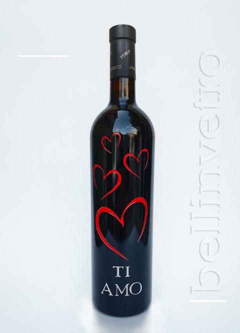 Bottiglia incisa e dipinta a mano ti amo VINO CANTINE PAOLINI 03