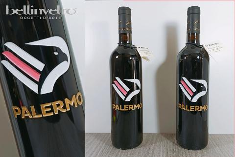 Bottiglia incisa e dipinta a mano squadre palermo VINO PERLA