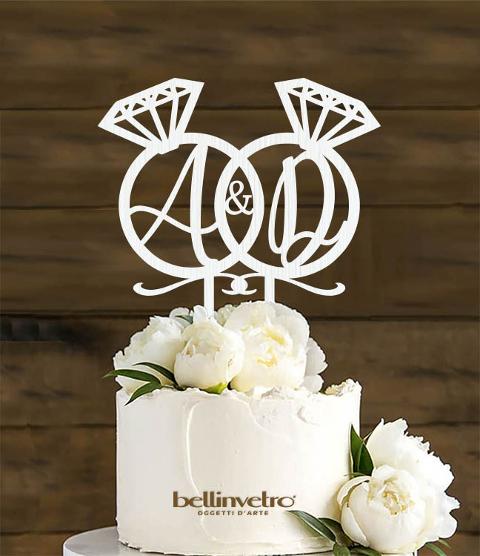 Topper cake anelli diamanti con iniziali  in legno BELLINVETRO VR 183