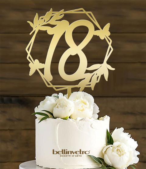 Topper cake 18 con farfalla e foglie in pelxiglass specchiato BELLINVETRO VR 180
