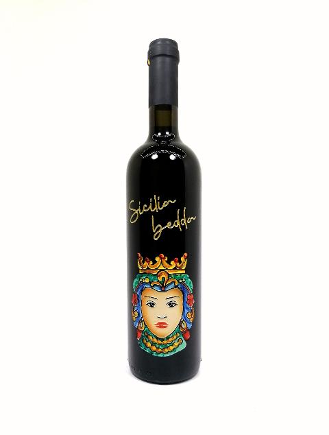 Bottiglie siciliane incise e dipinte a mano Teste di moro - dama souvenir BELLINVETRO VINO PAOLINI SVN 03