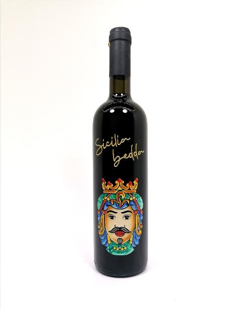 Bottiglie siciliane incise e dipinte a mano Teste di moro - cavaliere souvenir BELLINVETRO VINO PAOLINI SVN 04