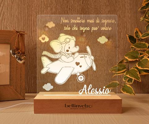 Lampada LED in plexiglass | NIGHT LIGHT | elefantino con aeroplano con base in legno BELLINVETRO VR 390