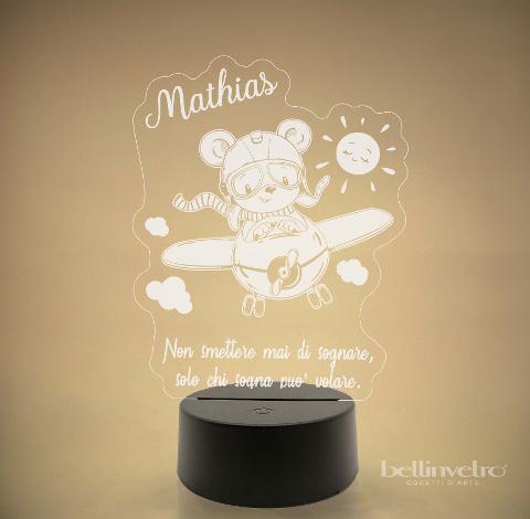 Lampada LED in plexiglass | NIGHT LIGHT | orsetto con aeroplano BELLINVETRO VR 394