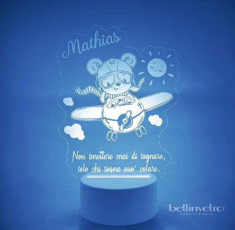 Lampada LED in plexiglass | NIGHT LIGHT | orsetto con aeroplano BELLINVETRO VR 394