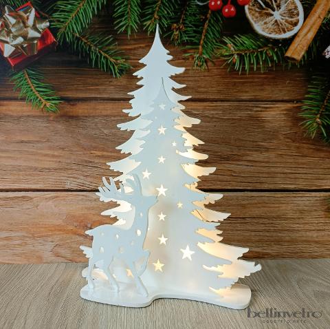 Renna con alberi con base d'appoggio in plexiglass bianco e luci led BELLINVETRO VR 377