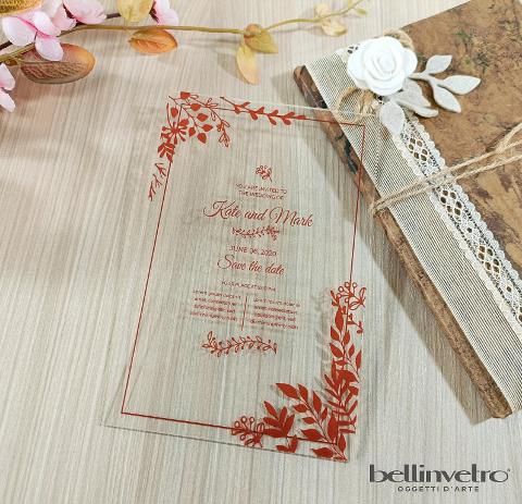 Partecipazioni matrimonio stampato in plexiglass vetrofonia o legno BELLINVETRO UV-VR 435