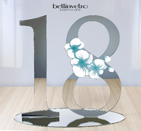 Numero personalizzabile in plexiglass specchiato con decoro floreale BELLINVETRO VR 422
