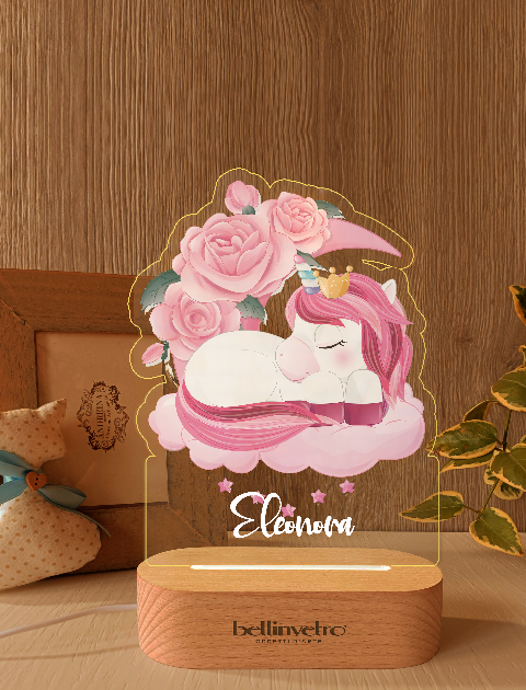 Lampada LED in plexiglass | NIGHT LIGHT | unicorno nuvola con base in legno BELLINVETRO VR-UV 868