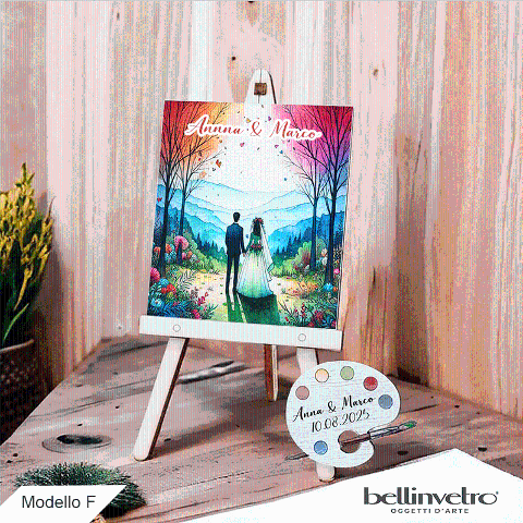 Cavalletti con quadretti - tele con tavolozze in legno per nozze coppia sposi BELLINVETRO VR-UV 1208