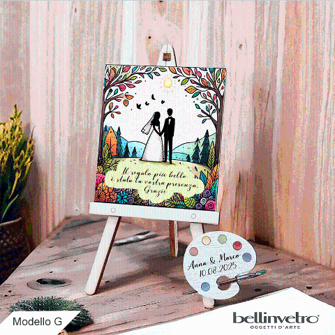 Cavalletti con quadretti - tele con tavolozze in legno per nozze coppia sposi BELLINVETRO VR-UV 1208