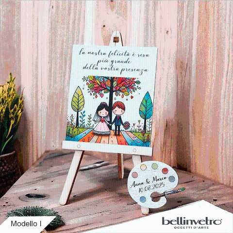 Cavalletti con quadretti - tele con tavolozze in legno per nozze coppia sposi BELLINVETRO VR-UV 1208