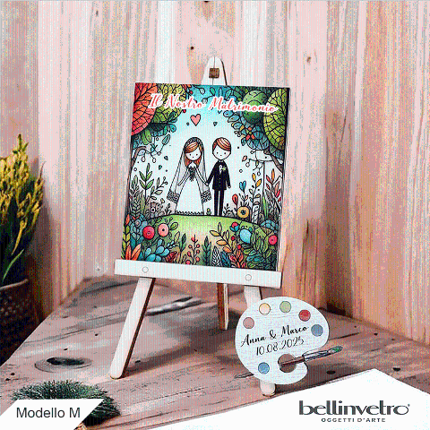 Cavalletti con quadretti - tele con tavolozze in legno per nozze coppia sposi BELLINVETRO VR-UV 1208