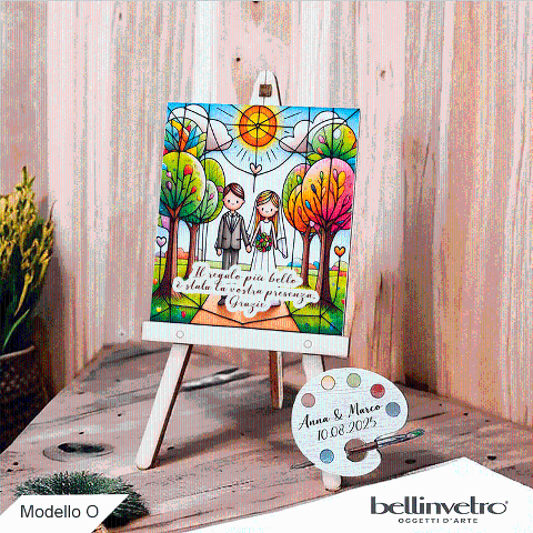 Cavalletti con quadretti - tele con tavolozze in legno per nozze coppia sposi BELLINVETRO VR-UV 1208