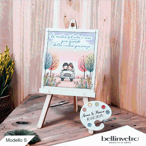 Cavalletti con quadretti - tele con tavolozze in legno per nozze coppia sposi BELLINVETRO VR-UV 1208