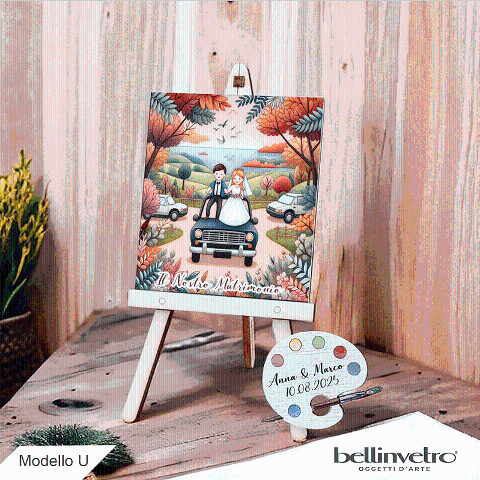 Cavalletti con quadretti - tele con tavolozze in legno per nozze coppia sposi BELLINVETRO VR-UV 1208