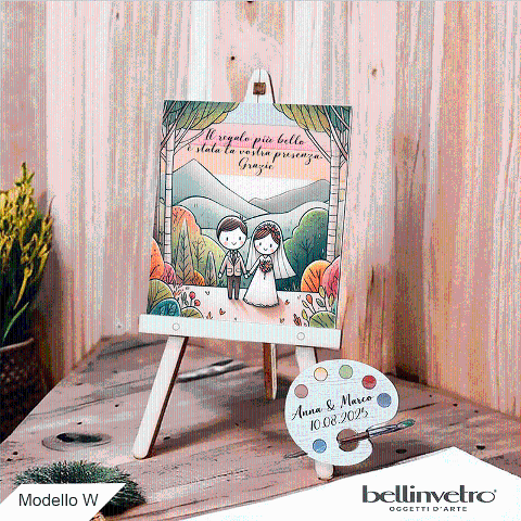 Cavalletti con quadretti - tele con tavolozze in legno per nozze coppia sposi BELLINVETRO VR-UV 1208