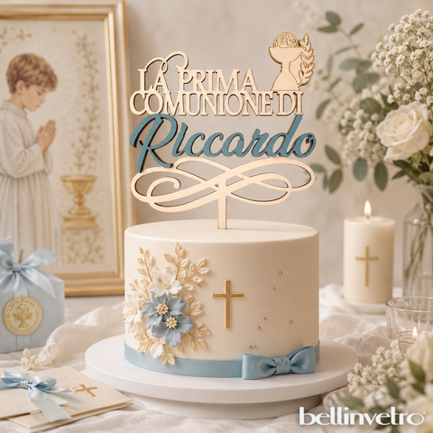 Cake topper in legno pioppo la prima comunione di | personalizzabile con nome | con calice e spiga BELLINVETRO VR 1246
