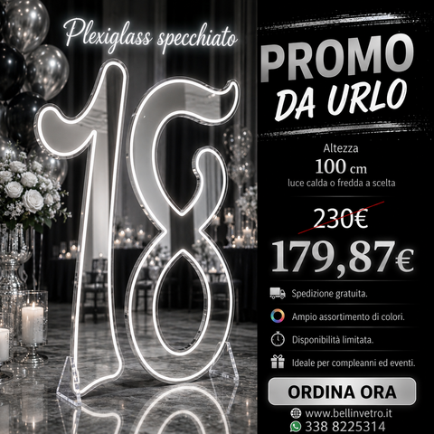 PROMO Numero 18 con plexiglass specchiato neon led monocolore da parete | d'appoggio BELLINVETRO VR 831