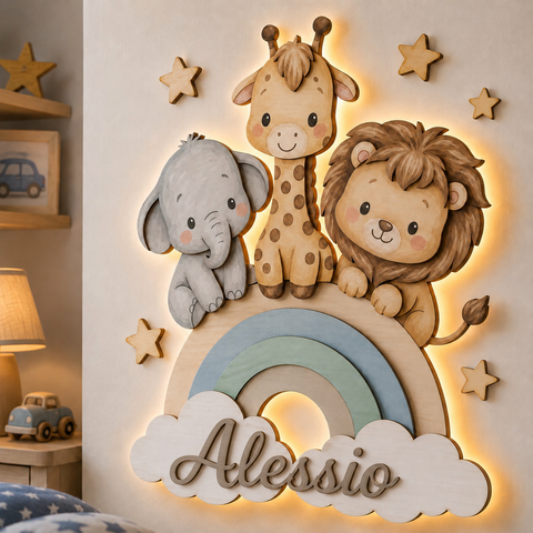 Fiocco Nascita - Arcobaleno - Animali della Savana con nome personalizzato BELLINVETRO VR-UV 1521