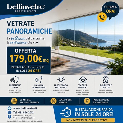 Produzione e Installazione Vetrate panoramiche scorrevoli in 24 ore in tutte le province in Sicilia bellinvetro 01