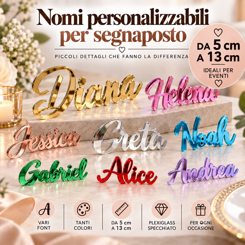 Nomi e scritte personalizzati in plexiglass specchiato per segnaposto o bomboniere BELLINVETRO VR 158
