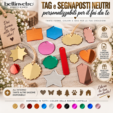 Tag e Segnaposto neutri in plex specchiato decorabili per il Fai da Te BELLINVETRO VR 1159