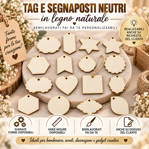 Tag e segnaposto neutri in legno naturale per il fai da te BELLINVETRO VR 1159