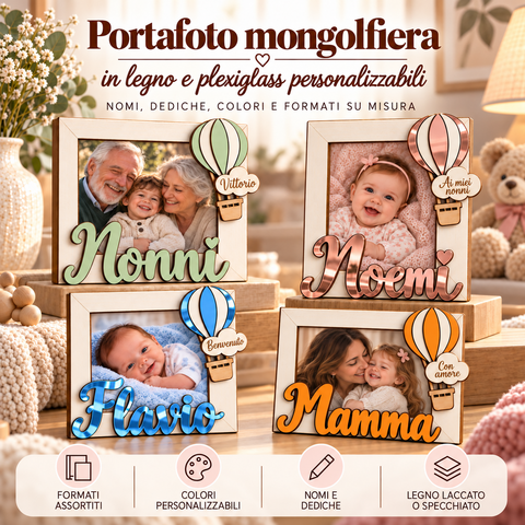 Portafoto personalizzato in legno con nome e Mongolfiera BELLINVETRO VR 1533