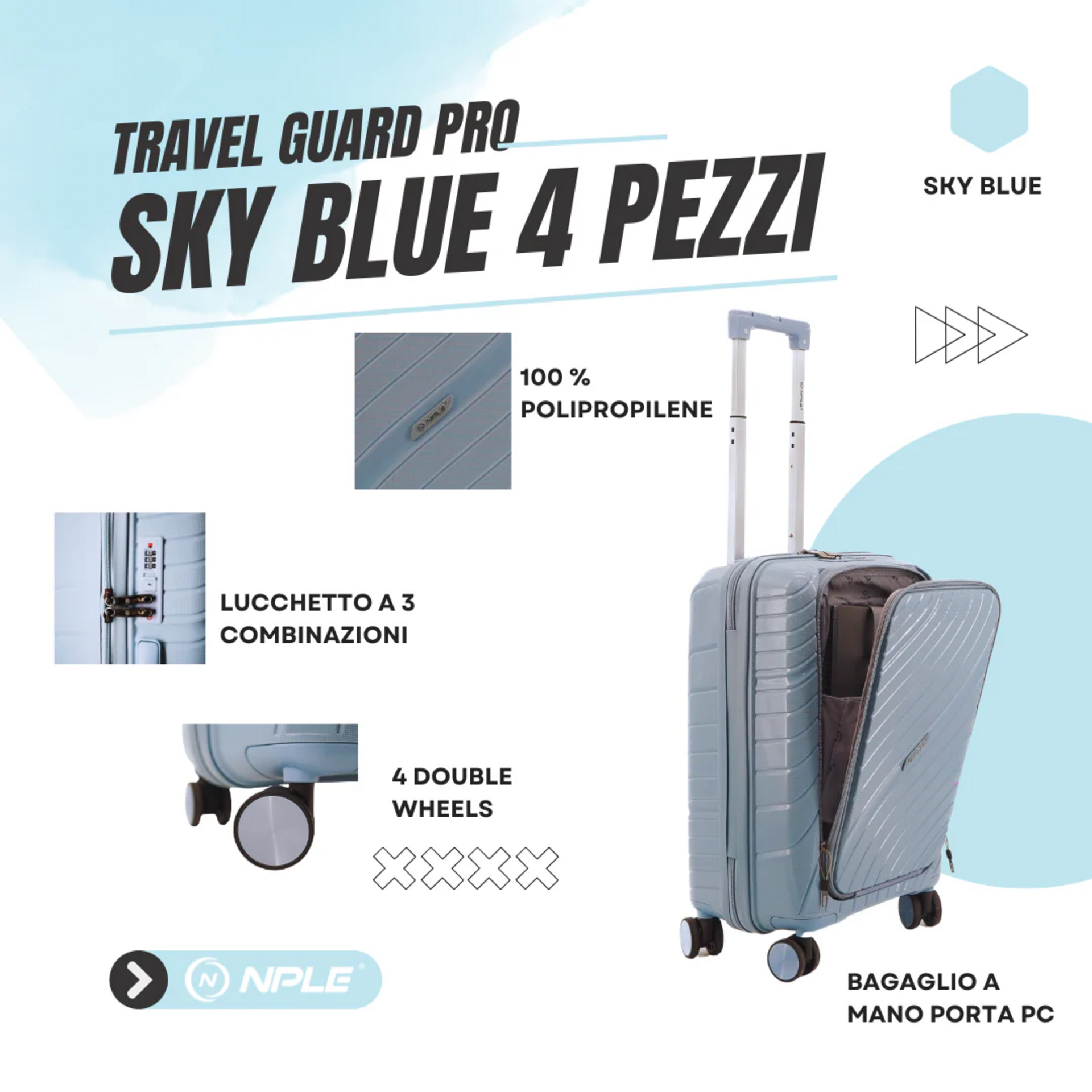 Set 4 trolley grande - medio - cabina-cabina p/c  Azzurro NPLE Linea travel guard pro