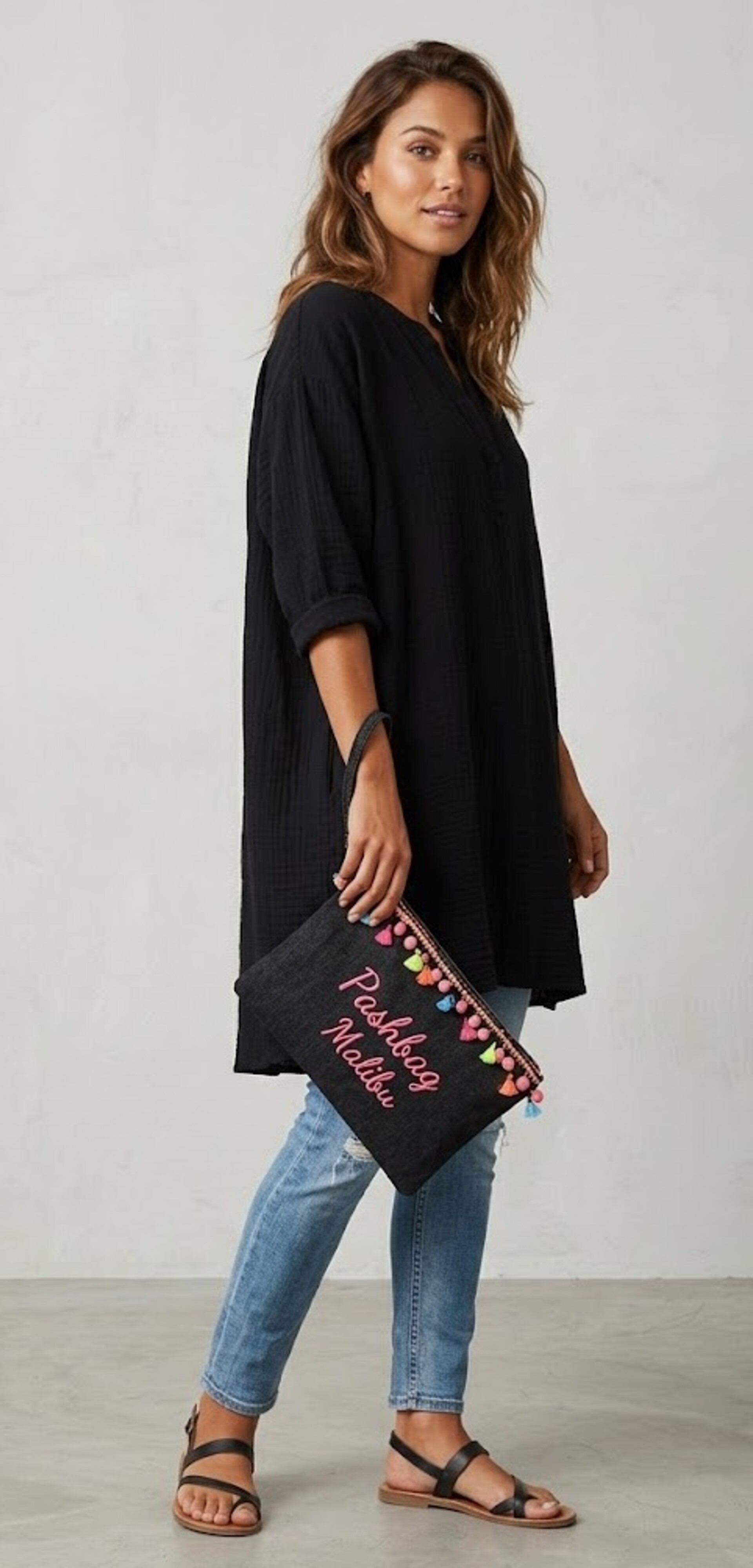 BORSA  POCHETTE TESSUTO CANVAS NERO PASHBAG LINEA BEACH