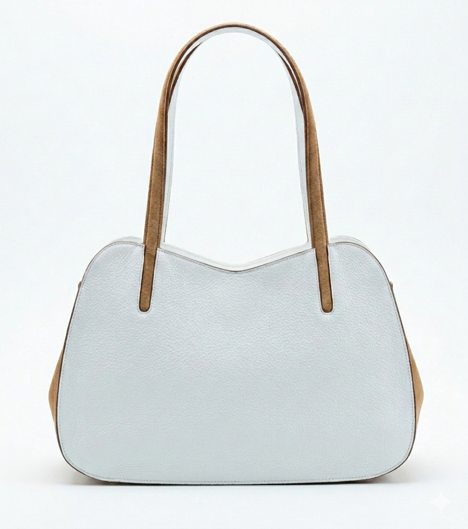 BORSA DOPPIO MANICO IN PELLE BIANCA  CON MANICI IN CAMOSCIO Caleidos linea pelle