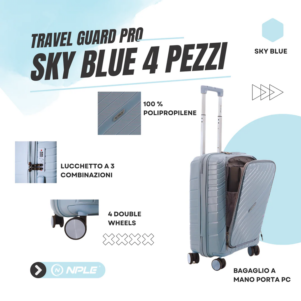 Set 4 trolley grande - medio - cabina-cabina p/c  Azzurro NPLE Linea travel guard pro